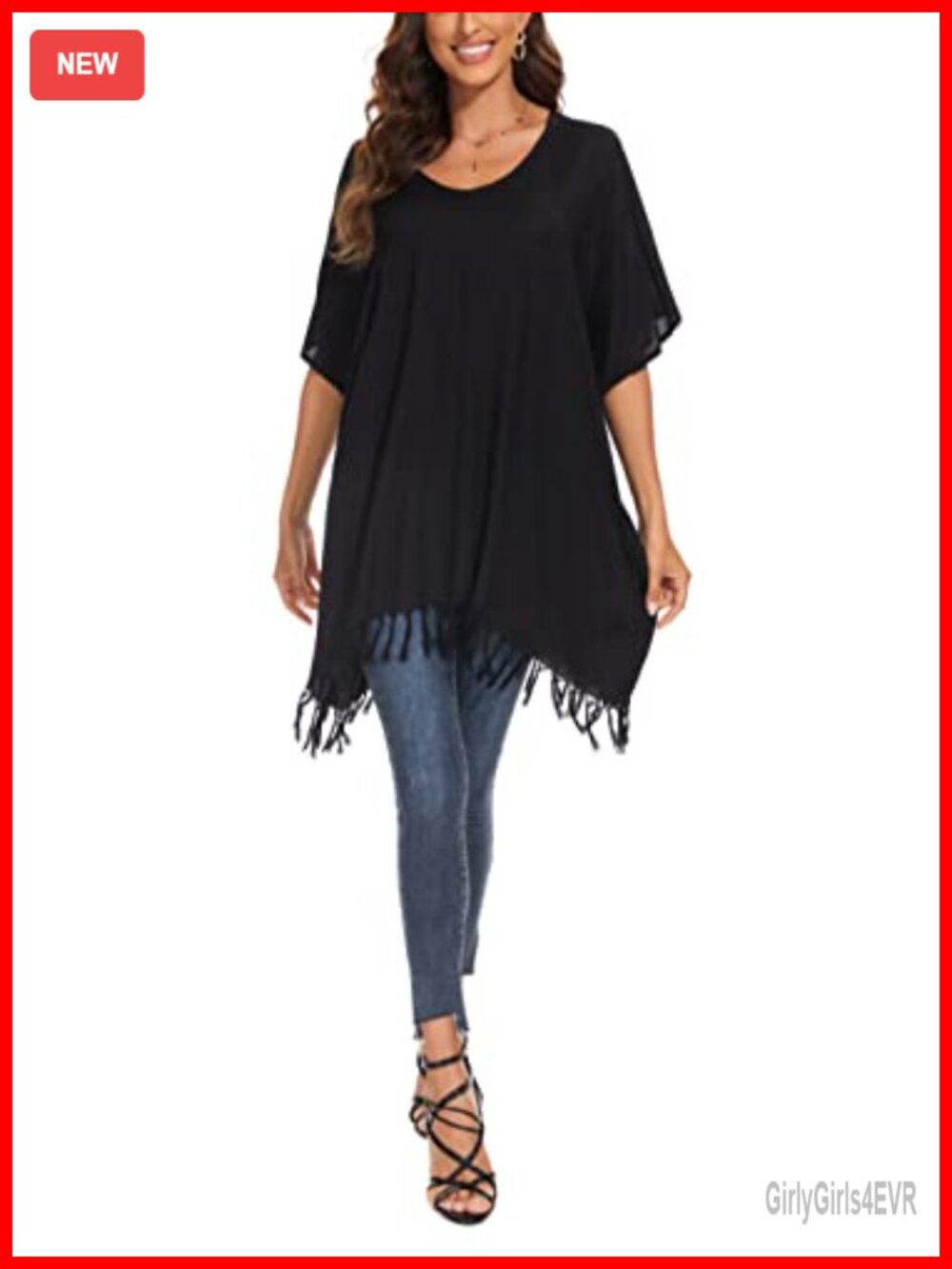 Women's Solid V-Neck Tunic Blouse Caftan Loose Fit Fringe Hem Top
